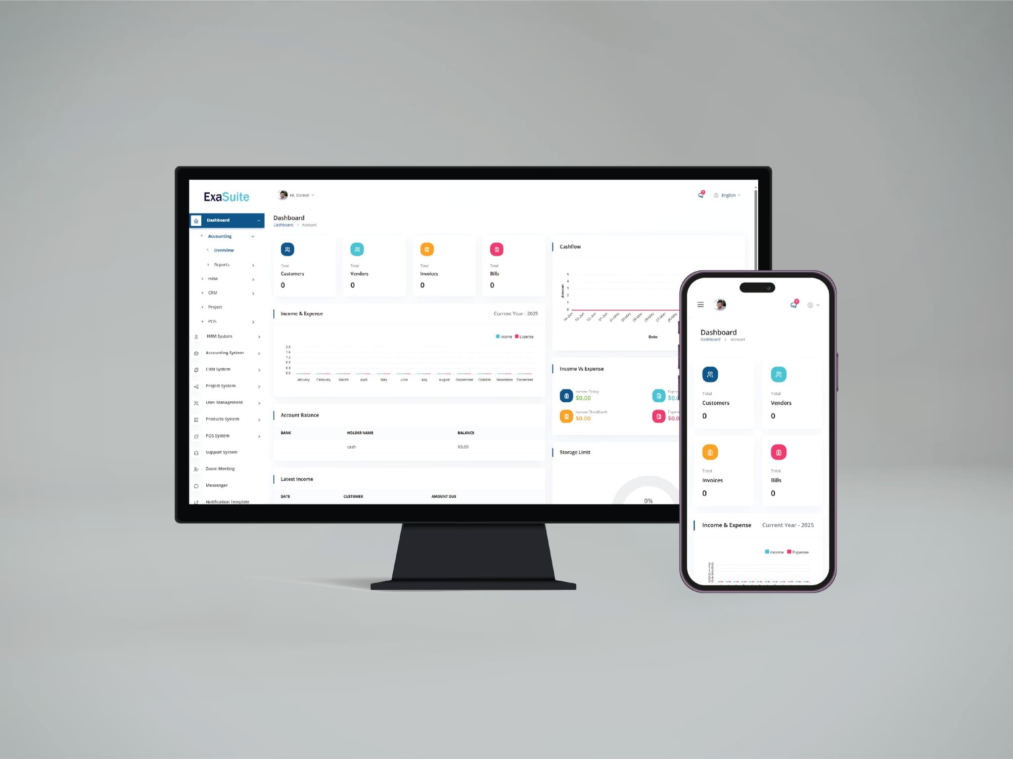 ExaSuite ERP dashboard with HR, finance, and inventory management modules